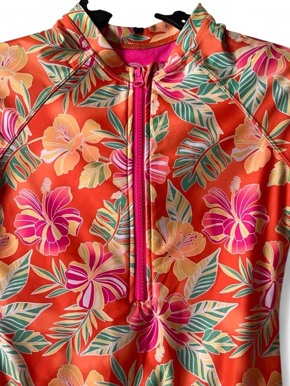 wonder nation Orange Floral Zip-Front Long-Sleeve One-Piece Swim